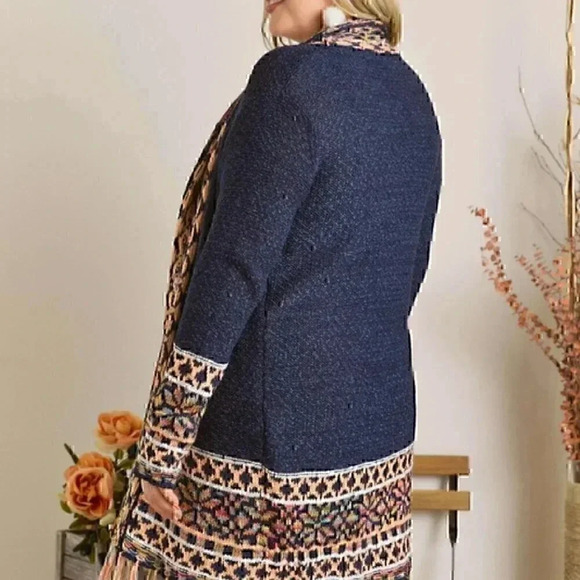 Navy Tribal Fringe Sweater Kimono - Picture 3 of 4